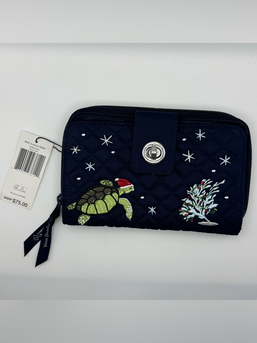 Vera Bradley RFID Turnlock Wallet Santa Turtle Quilted Navy Zip Around NWT